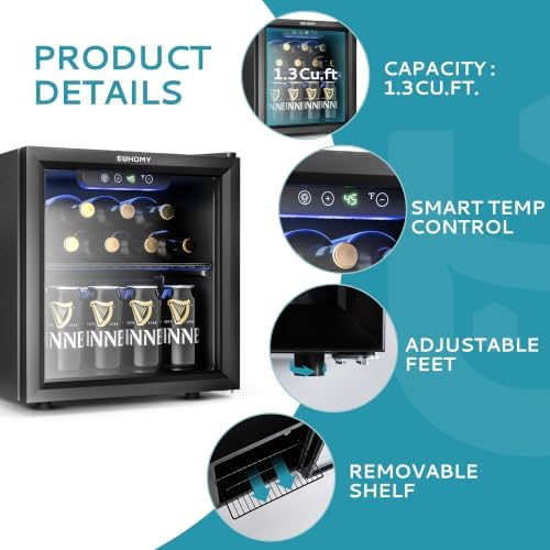 EUHOMY 12 Bottle 48 Can Mini Fridge, Beverage Refrigerator with Glass Door - Image 2