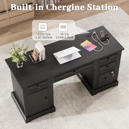 Vipbear 59" Farmhouse Executive Desk with Drawers, Wood Home Office Computer Desk, Featuring Lockable File Drawer, Storage Cabinet & Power Outlet Storage Cabinet for Work Study Writing (Black) - Image 3