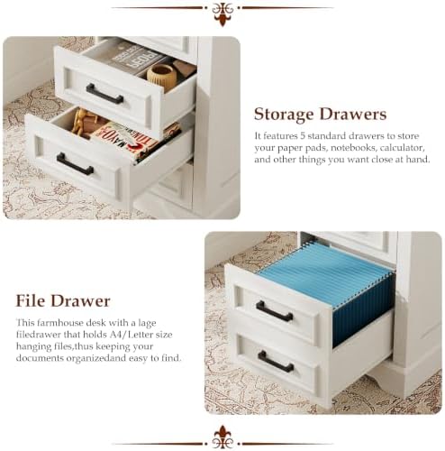 Vabches Farmhouse Executive Desk with Charging Station, White and Brown - Image 5