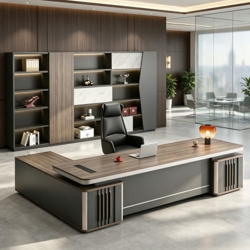 Modern L Shaped Executive Desk with Drawers & Storage, Executive Office Desk Computer Table with Aluminum Alloy Inlaid Curved Surface, Management Workstation for Home or Office(E-Right, L1.8M/71IN) by Unknown
