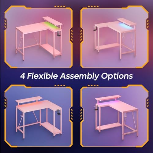 Pinmoco 42" Reversible Small L-Shaped Gaming Desk with LED Lights, Pink - Image 4