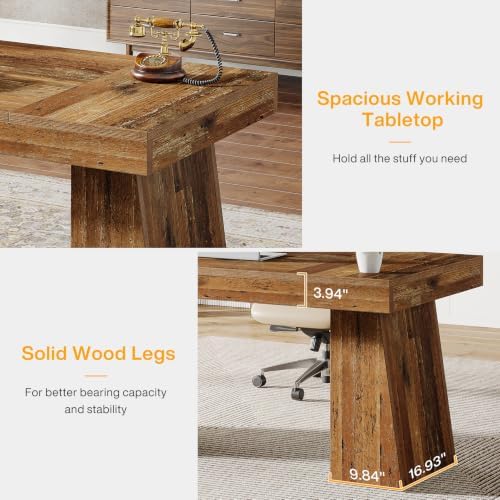 Tribesigns 55 Inches Executive Desk, Mid-Century Modern Home Office Desk, Wood Computer Table Business Workstation Small Conference Table, Distressed Brown - Image 6