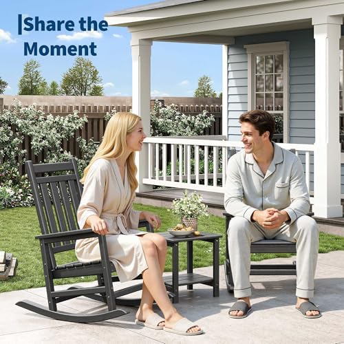 HDPE Rocking Chair Outdoor Set of 2 with Side Table, High Back Rocker - Image 3