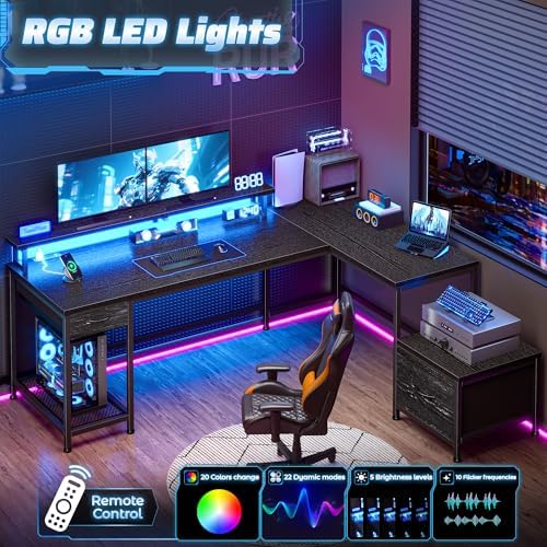DurayLoly 63" Reversible L Shaped Desk with Power Outlets &Led,Bedroom - Image 4