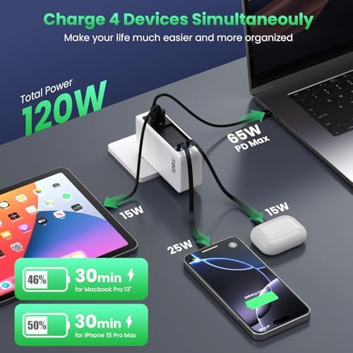 120W USB C Charger Block with 2 Built-in Retractable Cables,4-in-1 GaN IV Foldable Plug Wall Charger Fast Charging Station,PD 65W Laptop Adapter for MacBook/iPad,iPhone 17/16/15/14,Galaxy,Android etc - Image 3