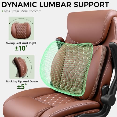 Office Chair, Ergonomic Executive Desk Chair with Lumbar Support for Lower Back Pain Relief, Padded Flip-Up Armrests, Leather Home Office Chair, Brown - Image 4