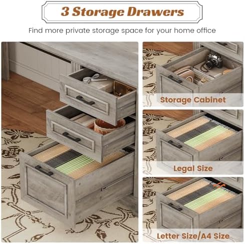 SEDETA Executive Office Desk with 3 Drawers, Farmhouse 55" Computer Desk with Storage File Drawers & Power Outlet for Home Office, Grey - Image 4