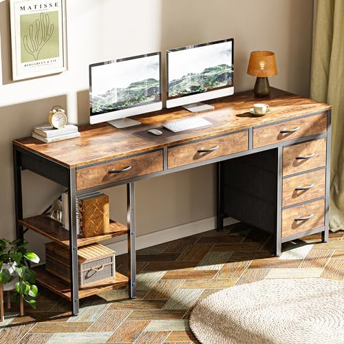 Huuger Computer Desk with 6 Drawers, Office Desk with Shelves, Reversible Gaming Desk, Corner Desk with Storage, Work for Home Office, Study, Living Room, 54inch, Rustic Brown - Image 7