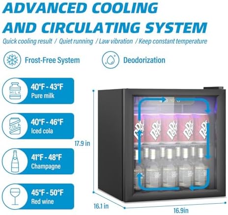 Erivess Compact Beverage Refrigerator, 60 Can/1.3 Cu Ft Mini Fridge, Black - Image 4