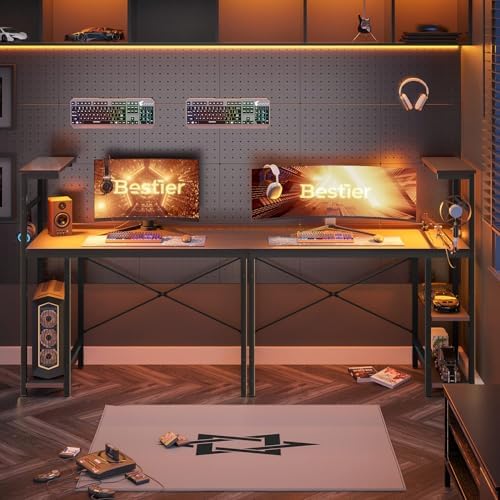 Bestier Gaming Desk with LED Lights, 44 Inch PC Gamer Desk for Small Spaces, Computer Desk with Reversible Storage Shelves & Side Storage Bag (Black Grained) - Image 4