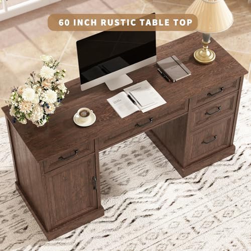 CARPETNAL 58'' Farmhouse Executive Desk with Drawers, Home Office Desk with File Drawer and Storage Cabinet, Rustic Computer Desk for Working, Studying, Writing, Brown - Image 5