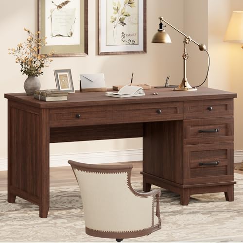 Garvee 53.5" Wooden Home Office Desk with File Drawers, Executive Desk with Power Outlet, Farmhouse Wood Desk with Storage, Distressed Study and Work Table, Rustic Brown by Garvee