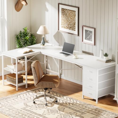 Huuger 63 Inch L Shaped Desk with Fabric Drawers, Reversible Computer Gaming Desk with Power Outlets and USB-C Port, Adjustable Side Storage Shelves, for Work Study Corner Home Office, White - Image 6