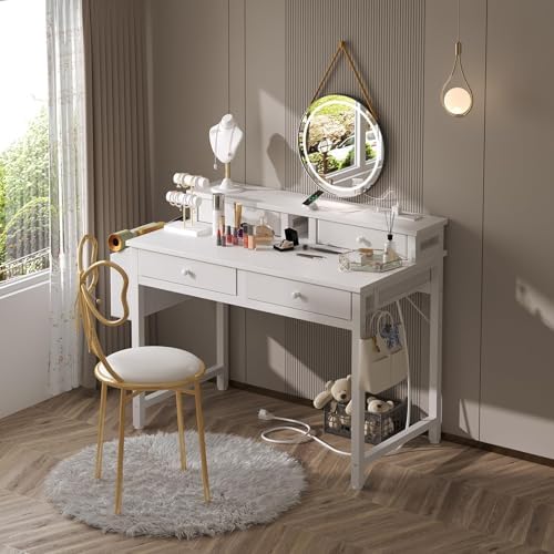 Lufeiya Small White Kids Desk with Fabric Drawers for Bedroom, 32 inch Vanity Makeup Desk with Drawers Storage for Home Office, Writing Study Table with Power Outlet & Monitor Stand, White - Image 4