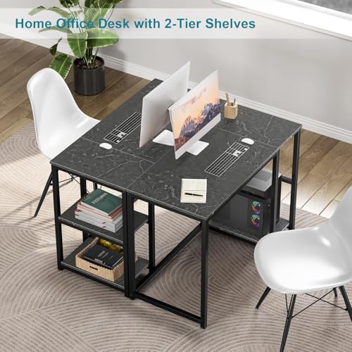 SINPAID Computer Desk 40 inches with 2-Tier Shelves Sturdy Home Office Desks with Large Storage Space Modern Gaming Desk Study Writing Laptop Table, Black Marble - Image 5