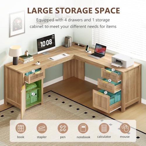 59" Fluted L Shaped Desk with Drawers & Storage Cabinet for Home Office - Image 4