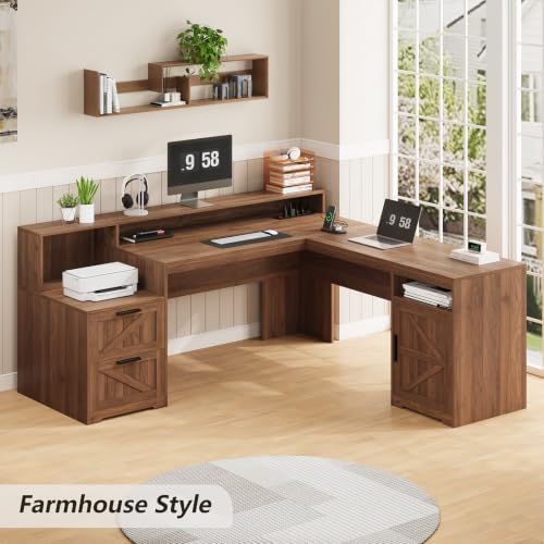 Farmhouse L Shaped Desk with Drawers & Printer Shelf for Home Office - Image 3