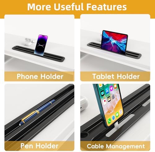 39 Inch Dual Monitor Stand Riser with 2 Drawers - Large White Wooden Computer Stand for 2 Monitors, Ergonomic Desk Organizer with Phone Holder, Desktop Storage for Laptop, Office Supplies, Home Office - Image 5