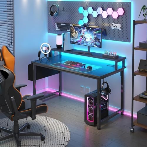 Lufeiya Black Gaming Desk with LED Lights and Power Outlets, 40 Inch Teen Writing Study Table Home Office Desks with Monitor Stand, Computer Desk with Charging Station USB Port, Black - Image 2