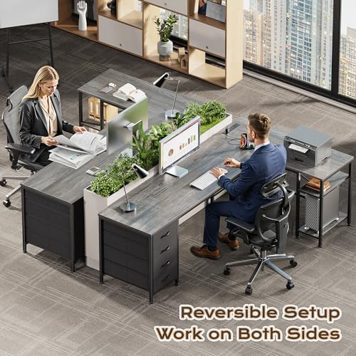 Huuger 63 Inch L Shaped Desk with Fabric Drawers, Reversible Computer Gaming Desk with Power Outlets and USB-C Port, Adjustable Side Storage Shelves, for Work Study Corner Home Office, Grey - Image 2