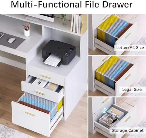 65" White Computer Desk with 3 Drawers & Printer Shelf for Home Office - Image 5