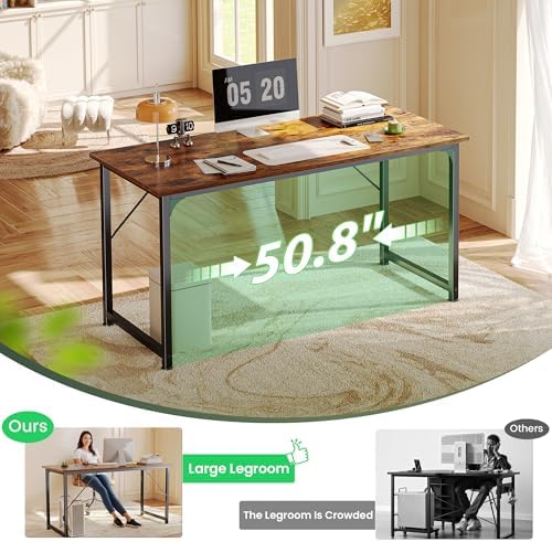 Huuger Computer Desk, 55 Inch Home Office Desk, Gaming Writing Work from Home Study Desk, Large Legroom, Sturdy Metal Frame, Modern Simple, Rustic Brown - Image 6