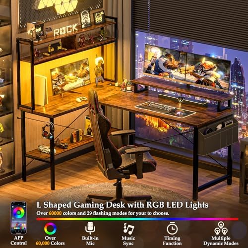 Aheaplus L Shaped Gaming Desk with Power Outlets & LED Lights, Rustic Brown - Image 4
