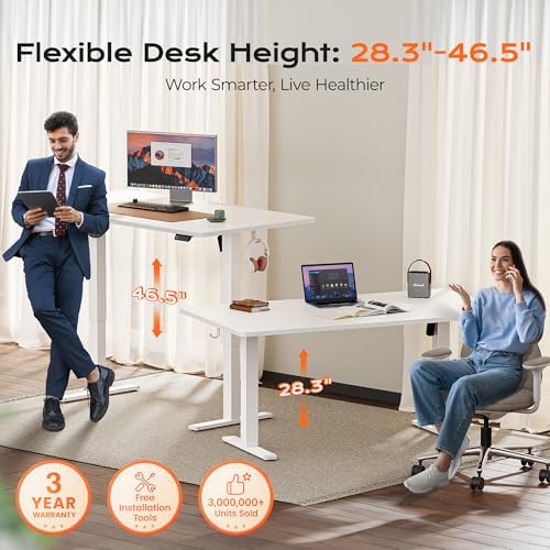 Huuger 63 x 28 Large Electric Standing Desk, Height Adjustable Computer Desk, 27.6" Deep Desktop, Stand up Gaming Office Table with 2 Hooks, 3 Preset Heights, for Home Office, White - Image 3
