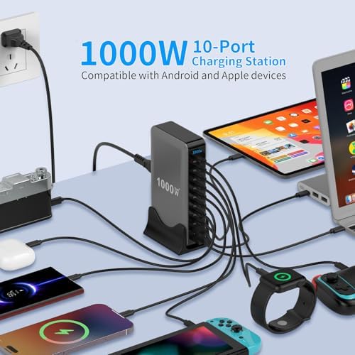 1000W 10-Port GaN 4 Desktop Charging Station with 240W 6.6 ft Data Cable - Compatible with Tablets, Phones, Laptops, Gaming Consoles, Headphones - Image 2