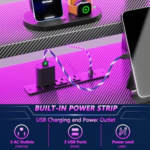 Korfile 40 Inch Gaming Desk with Power Outlet, LED, Carbon Fiber Black - Image 5