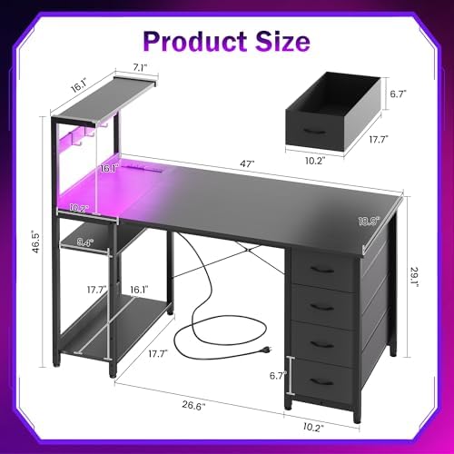 47in Gaming Computer Desk with Drawers & Storage Shelf & Iron Hook, Black - Image 3