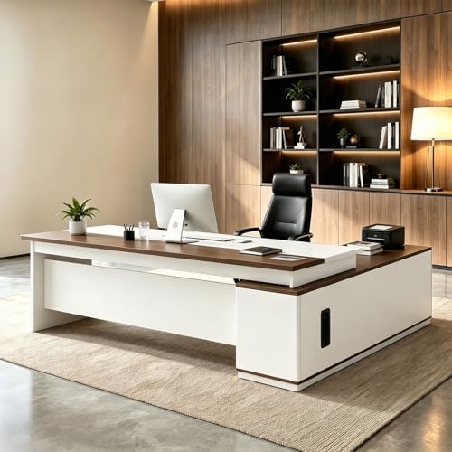 L Shaped Executive Desk with Drawers, Large Wood Workstation, Modern Executive Office Furniture for Home Office and Business Workspace, Multiple Sizes & Colors by Unknown