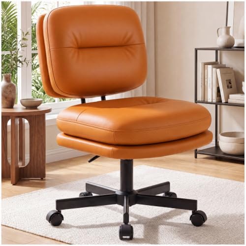 COMHOMA Home Office Desk Chair with Comfy Lumbar Support, Small Vanity Chair with Wheel for Bedroom, Thick Padded & Armless, 19.1"-25.4 Height Adjustable, Soft PU Leather, Brown by ComHoma