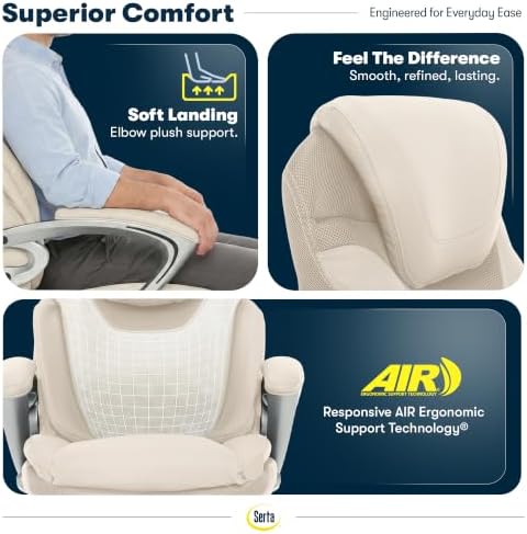 Serta Bryce Executive Office Chair - Ergonomic Computer DeskChair with Lumbar Technology - Adjustable Height - Memory Foam Body Pillows - 360° Swivel Rolling Base - Bonded Leather - Cream - Image 6