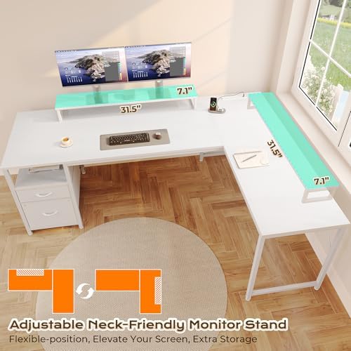 PRAISUN 63 Inch L Shaped Desk with Power Outlets and USB-C Port, Computer Corner Home Office Desk with File Fabric Drawers and Movable Monitor Stand, Larger Storage, Gaming, Writing, Work, White - Image 6