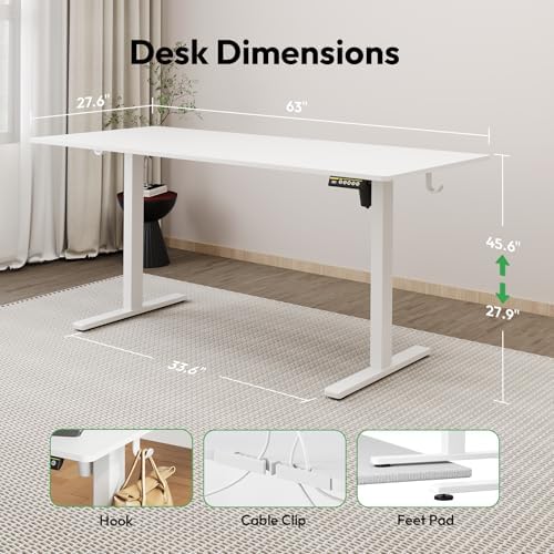 63 x 28 Inch Electric Standing Desk, 3 Memory Presets, White - Image 2