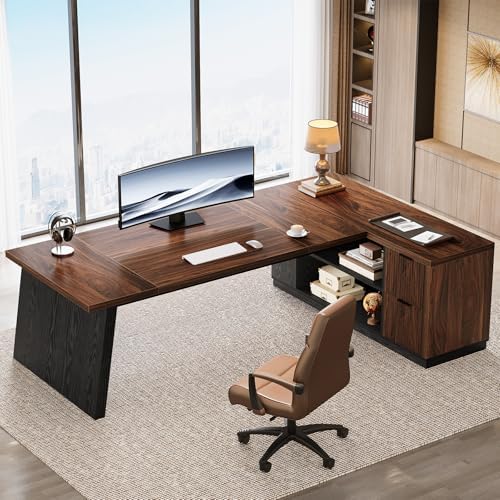 Tribesigns 78" L Shaped Executive Desk, Large Office Desk with Drawers and Storage Shelves, Modern Corner Computer Table Business Furniture for Home Office (Walnut & Brown) - Image 3