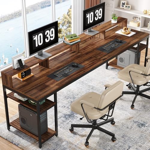 Tribesigns Two Person Desk with Monitor Stand, 78.74" Long Double Computer Office Desk with Storage Shelves, Large Gaming Study Writing Table Workstation for Home Office (Rustic Brown) by Tribesigns