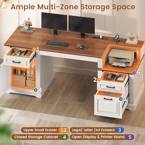 SEDETA Farmhouse Executive Desk, 62'' Home Office Desk with File Drawers, 3Drawer and Storage Cabinet, Computer Desk with Power Outlet for Home Office, Work Study Writing, White + Walnut - Image 5