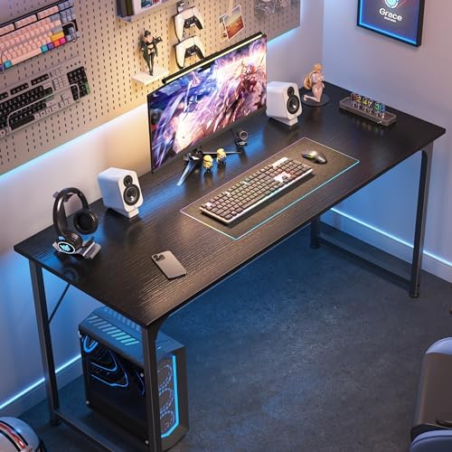Huuger Computer Desk, 55 Inch Home Office Desk, Gaming Writing Work from Home Study Desk, Large Legroom, Sturdy Metal Frame, Modern Simple, Black - Image 4