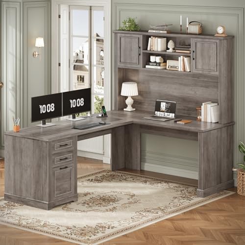 SEDETA Farmhouse L Shaped Desk with Hutch and 3 Drawers, 68.9" Executive Office Desk with File Drawer and Power Outlet, Corner Computer Desk with Storage Shelves for Home Office, Grey by SEDETA