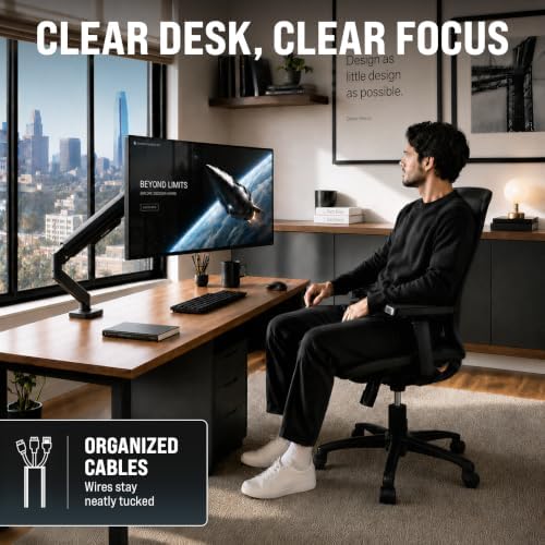 EVEO Premium Single Monitor Arm 14"–34", Adjustable Gas Spring Monitor Mount, Single Arm Desk Mount for 34 Inch Computer Screens, VESA Compatible Stand with Clamp and Grommet Base – Black - Image 2