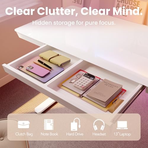 HUANUO Glass Standing Desk with Drawers, 48 X 24 Inch Electric Adjustable Height Desk, Quick Install One-Piece Tabletop with USB Charging Ports, White - Image 5
