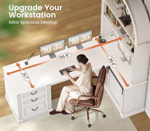 SEDETA 67" L Shaped Desk with Tall Arched Bookshelf & 3 Drawers Storage - Image 6