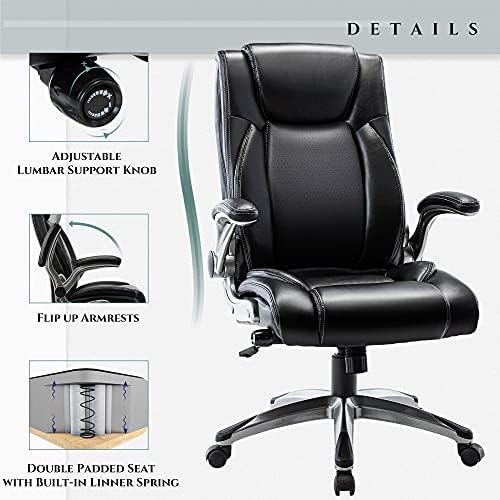 COLAMY Office Desk Chair, Ergonomic Computer Chair with Padded Flip-Up Arms and Thick Cushion, Leather Office Chair with High Back Adjustable Height and Tilt for Working for Working, Study, Gaming - Image 3