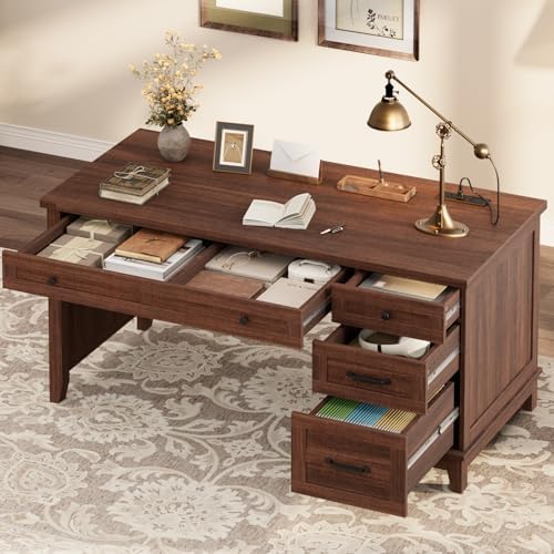 GarveeHome Executive Desk with Drawers, Farmhouse Home Office Desk with Charging Station, 53.54 in Wooden Computer Desk with File Cabinet Storage for Work Study Writing,Walunt Brown by GarveeHome