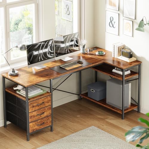 Huuger L Shaped Office Desk with Power Outlets & 3 Drawers - Image 2