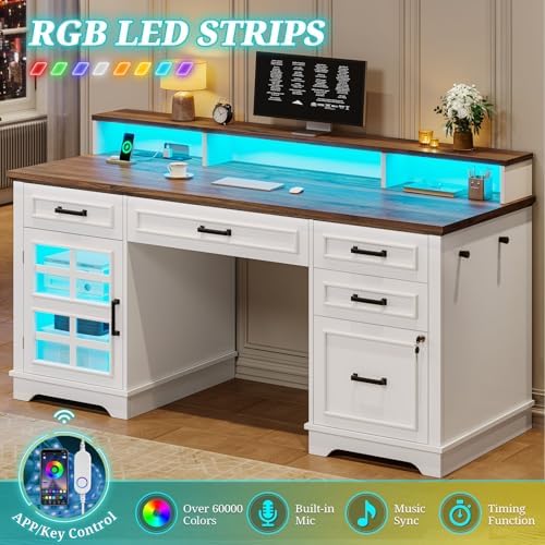 UPOSOJA 60'' Farmhouse Executive Desk with Drawers, Home Office Desk with Power Outlet & LED Light, Wood Computer Desk with Monitor Stand, Locking File Drawer, Glass Storage Cabinet, Hooks, White - Image 6