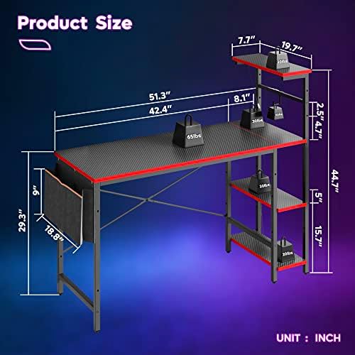 Bestier Gaming Desk with LED Lights, 51.3 Inch Computer Desk with 4 Tiers Reversible Shelves, Gamer Desk with Side Storage Bag, Hooks and Height Adjustable Shelf (Black Carbon Fiber) - Image 2