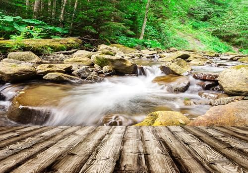 17X10ft Fabric Mountain Stream Forest Backdrop Wooden Deck Waterfall Background Nature Adventure Party Decorations Wilderness Landscape Photo Studio Props by Unknown